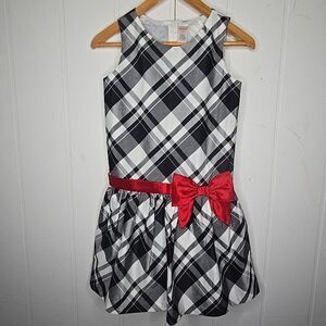Gymboree Black White Plaid Holiday Party Dress Girls 12 Red Bow Drop Waist Tulle